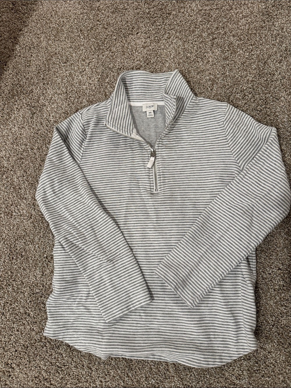 J. Crew Women’s Light Gray and White Striped Zip-Neck Sweater